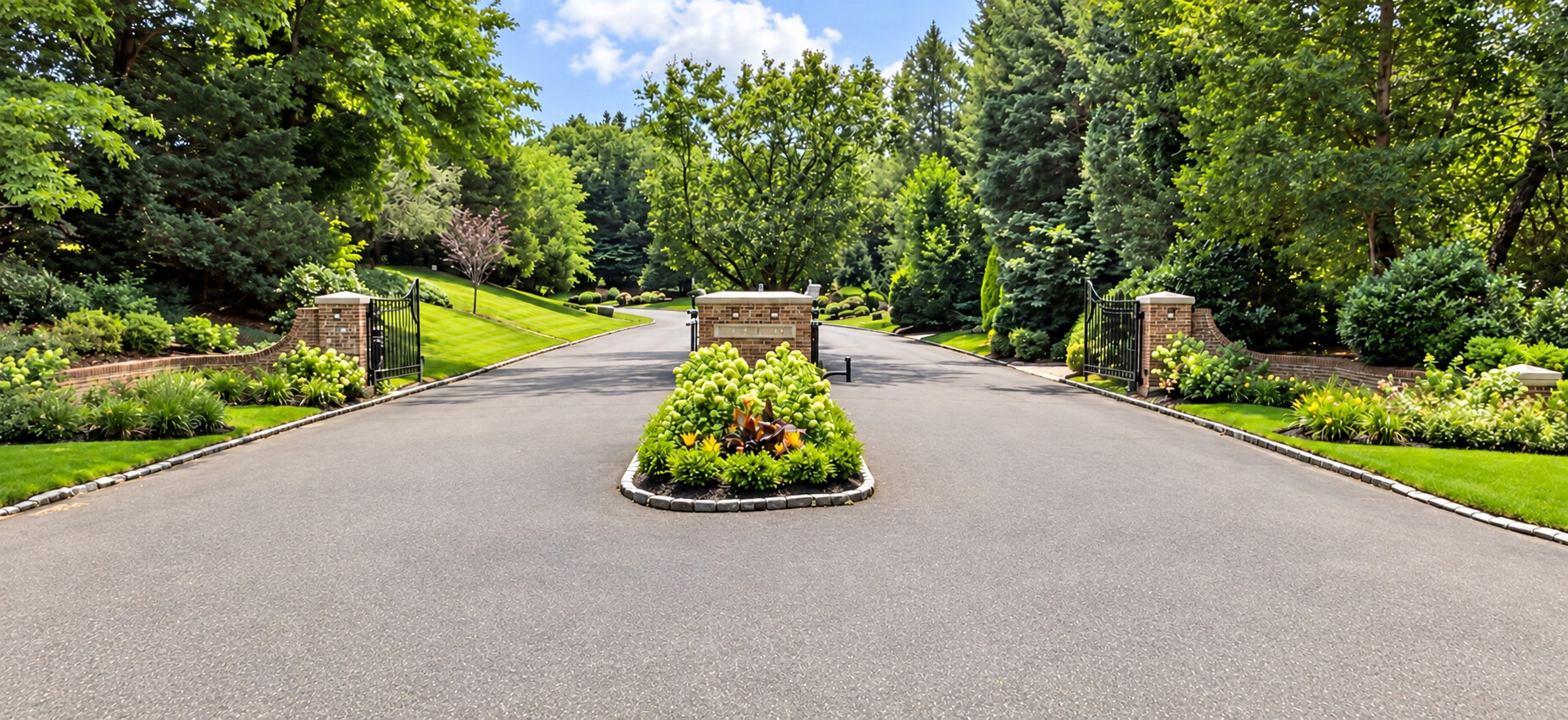 Harbour Ridge entrance with brick pillars, iron gates, and landscaped gardens